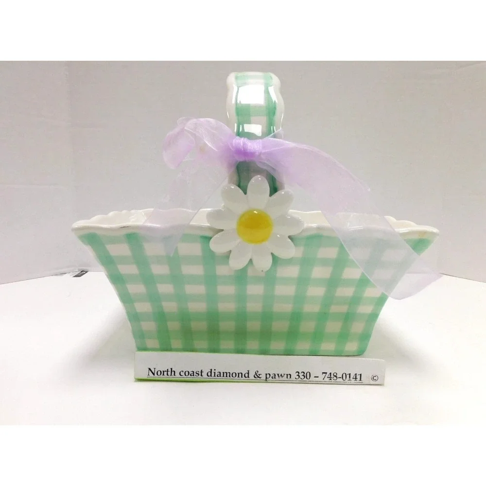 Teleflora Ceramic Basket Green Gingham Check Daisy Flower Easter Planter DW84